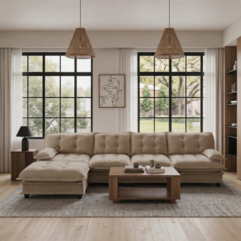 138" L-Shaped Modular Cloud Sofa with Ottoman & Deep Seat, 35.4" H x 138.5" W x 33.8" D, Light coffee Chenille