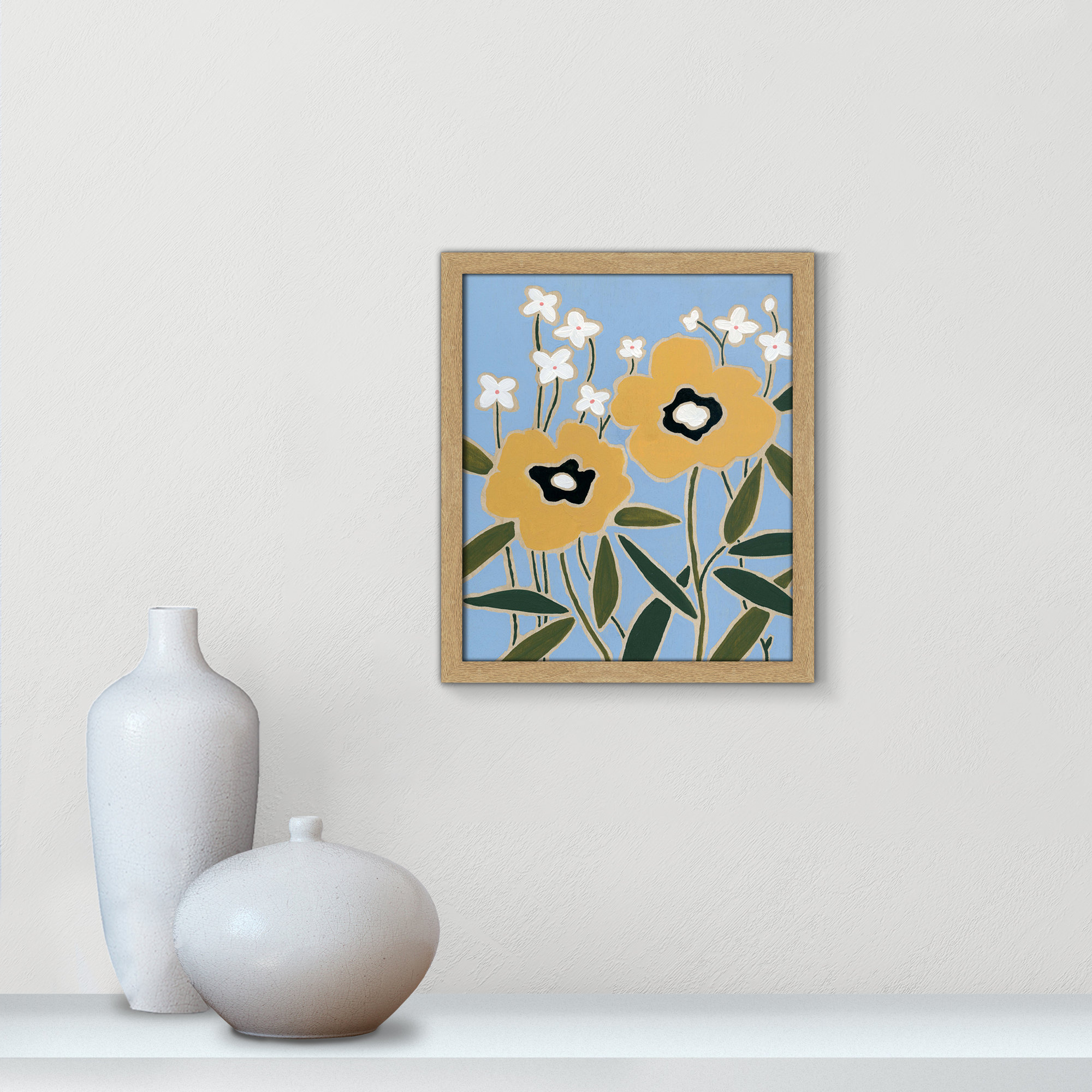 Woodblock Floral II by - Single Picture Frame Print, 15" H x 13" W x 1.25" D, Natural Framed