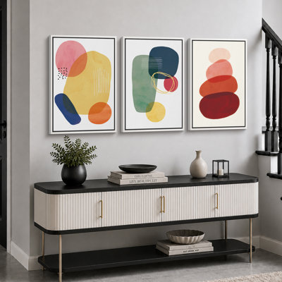 Abstract Vibrant Color Blocks "Boho Bold Bright Circle Artwork, Geometric Colorful Modern Wall Pictures, Framed Canvas Giclée Print 3 Pieces Wall Art" 16"x24"x3 pcs, 24"x36"x3 pcs