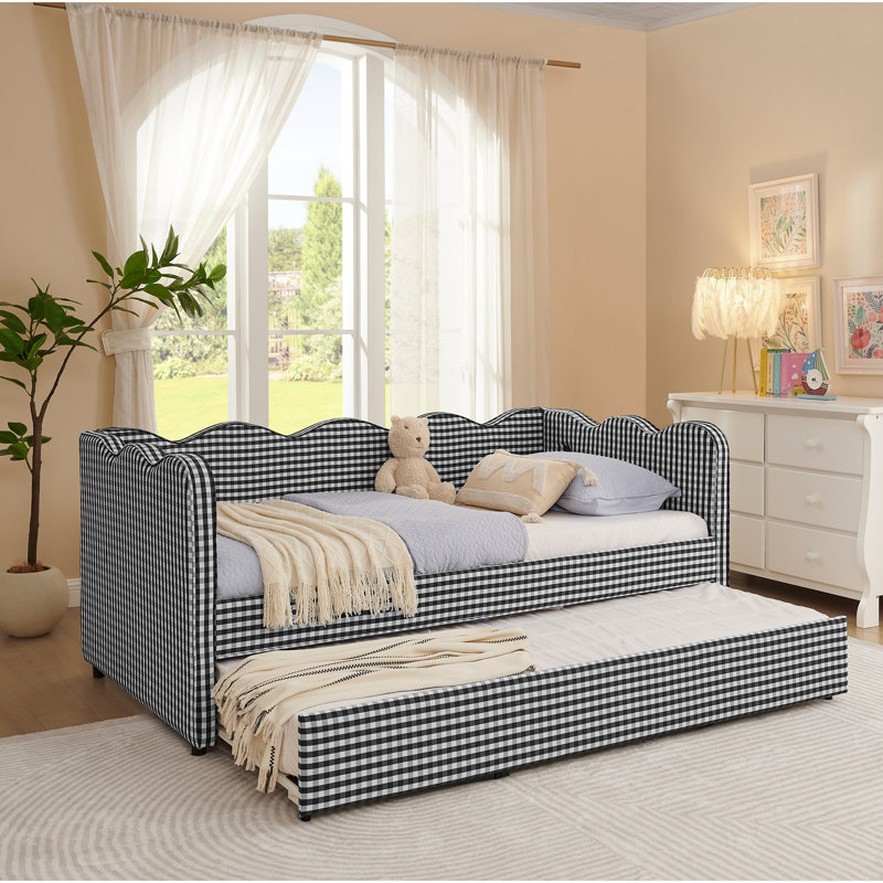 Twin Daybed With Trundle, Black Linen Bed, Wave Pattern, Port, No Box Spring, Rounded Corners, Quick Setup Multifunctional Upholstery, Design, Charging Corners For , Simple Assembly