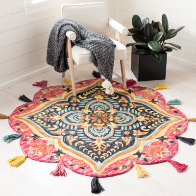 Tapis rond en laine touffeté à la main à motif floral rose / mauve