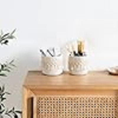 Macrame Makeup Brush Holder Organizer Comb Brushes Mini Storage Basket Set Of 2 Boho Decor Baskets For Pen Pencil Box Container ,Ivory