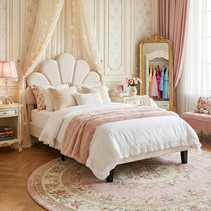 EU & UK Single Scalloped Shell Velvet Bed, Glam Upholstered Platform Bed Frame, Burgundy & Beige Velvet, 90X190/200cm, Beige