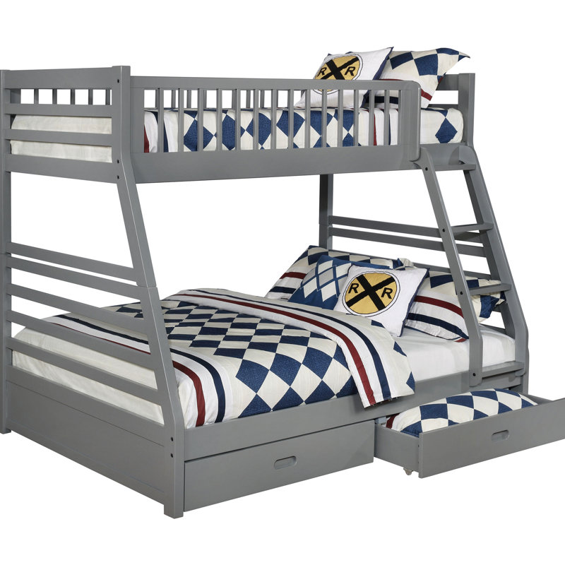 Lit superposé simple au-dessus d'un lit double avec finition grise, deux tiroirs et une chambre d'amis complète, peu encombrante et confortable