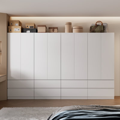 Grande armoire autoportante avec 8 tiroirs et 4 tringles suspendues, blanc