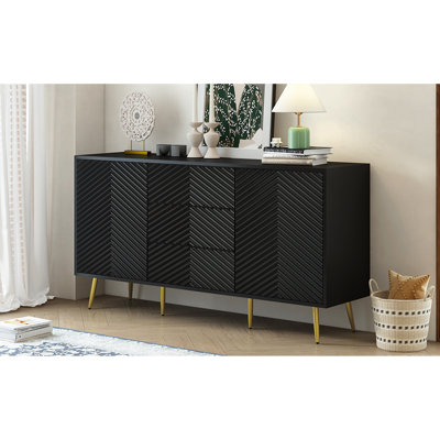 Modern Sideboard with Geometric Line Design, Conical Metal Legs, and Central Drawers for Stylish Storage, Suitable for Study, Entryway and Living Room