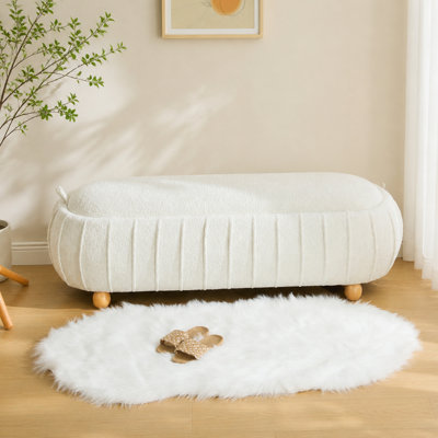Banc de rangement moderne à plateau rabattable avec revêtement en chenille et pieds en bois d'hévéa naturel