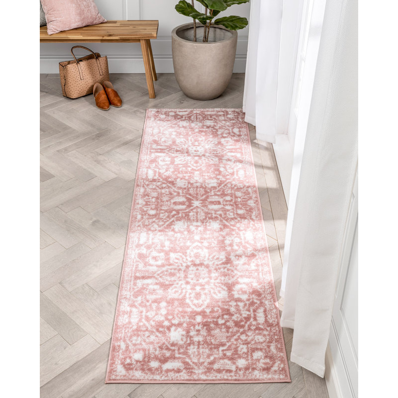Dazzle Blush Pink/White Disa Vintage Medallion Soft Rug, Runner 67 x 220cm