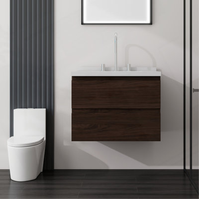 Meuble-lavabo suspendu de 61 cm avec lavabo, tiroir à fermeture amortie, comptoir et dosseret en marbre synthétique blanc de Carrare de 5 cm, contreplaqué