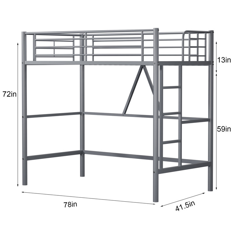 Loft Bed Twin Size With Built-In Ladder Full-Length Guardrails, Metal Slats Support Small Space Saving For Bedroom, Dorm, Teens, Or Small Apartments, Gray