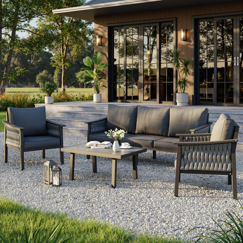 Ensemble de conversation d'extérieur en aluminium 4 pièces avec coussins en oléfine, Gris