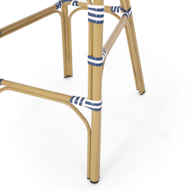 Tabouret de bar d'extérieur en rotin français, bleu marine et blanc, structure en aluminium avec finition en bambou (ensemble de 2)