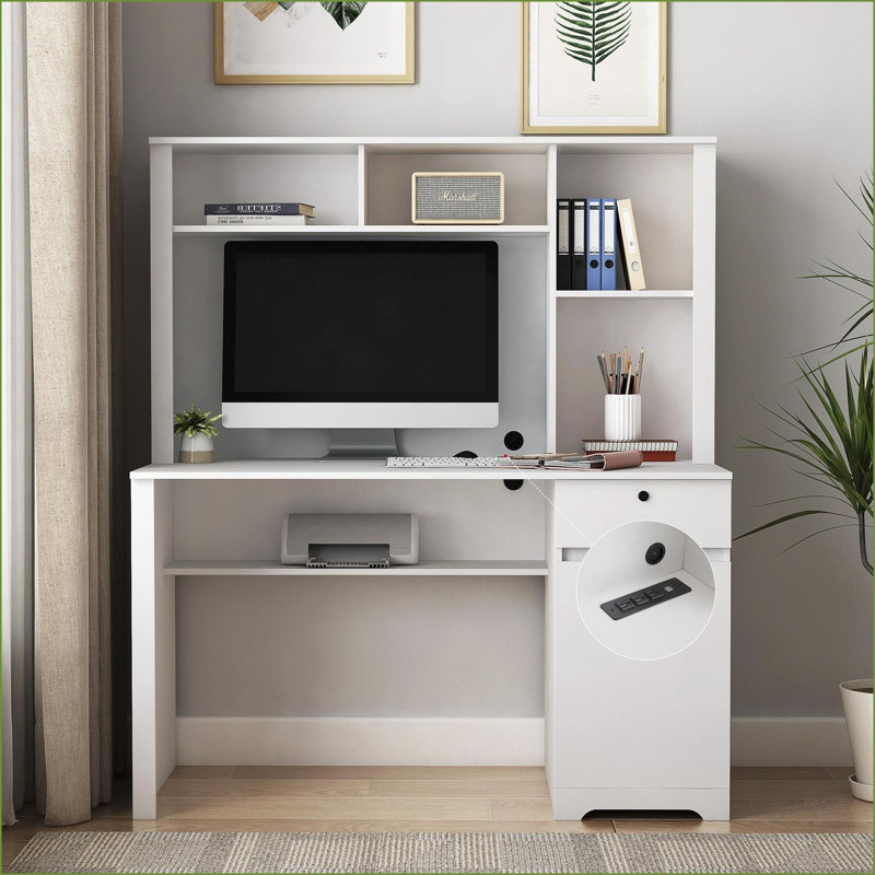 Bureaux avec huche & amp; Bibliothèque, bureau d'ordinateur avec tiroirs, 3 prises de courant alternatif et amp; 2 ports USB pour les étudiants adolescents | Blanc | Panneau de fibres à densité moyenne