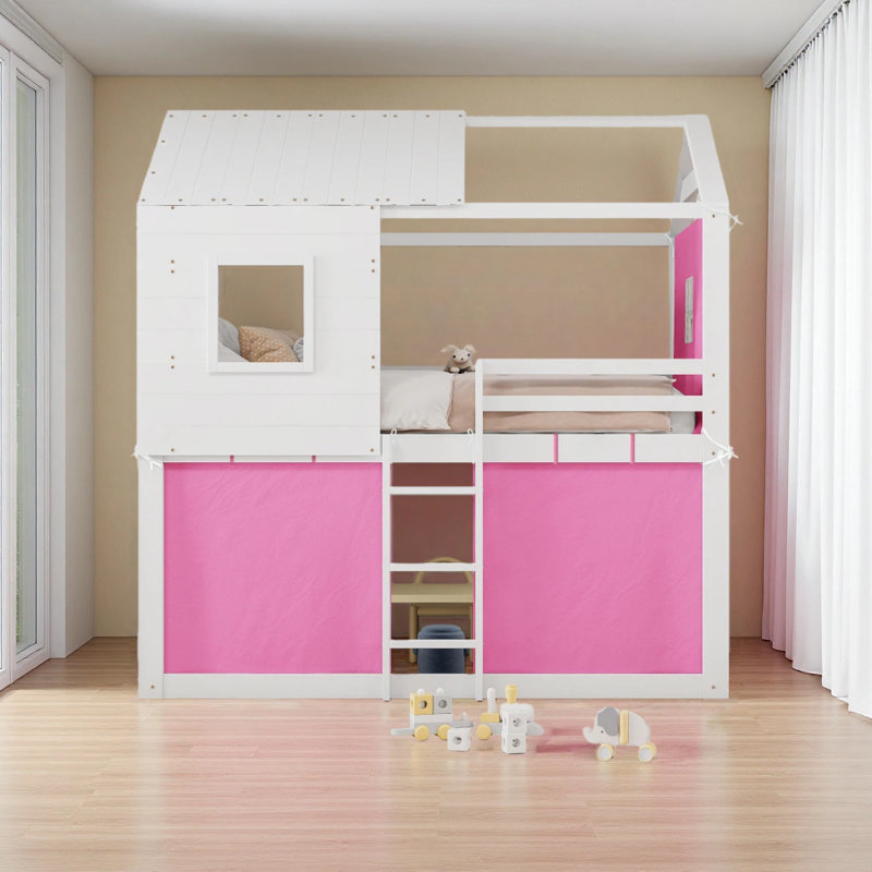 Bunk Wood House Bed With Tent, Full, Pink/White