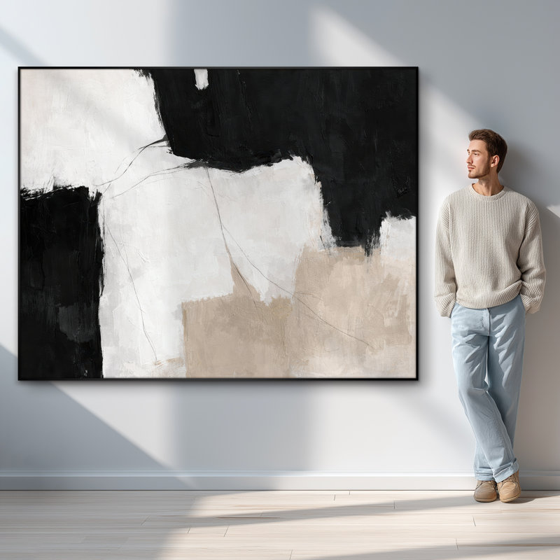Très grand art mural imprimé sur tissu - Composition abstraite noire et beige de style moderne - "Assemblage requis (cadre non fini)"