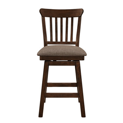 2 sièges brun foncé à hauteur de comptoir, structure en bois avec 2 chaises rembourrées en tissu brun, siège de style transitionnel