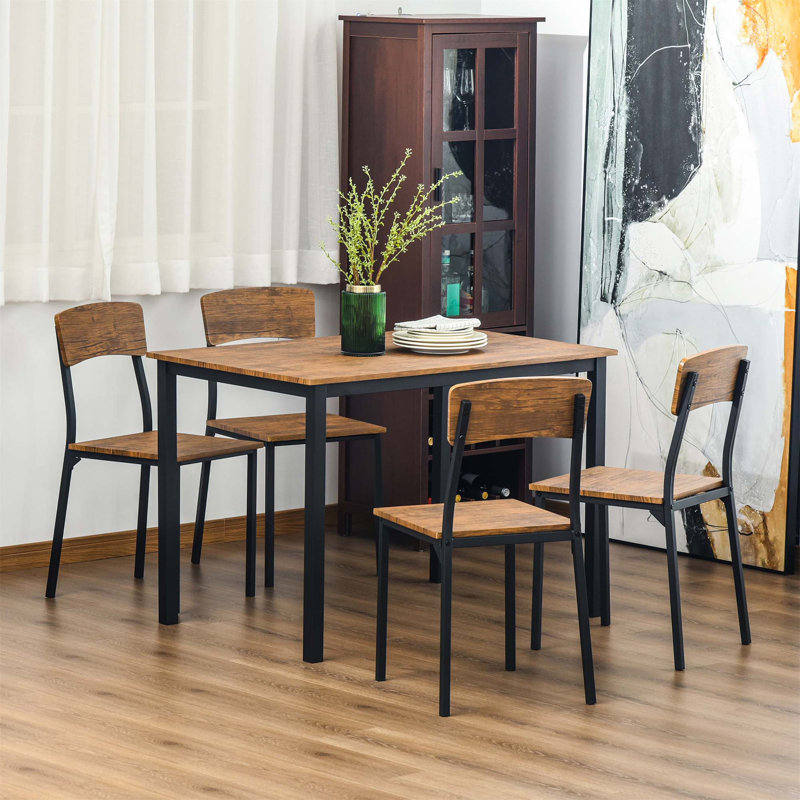 Industrial 5-Piece Dining Set with Dark Walnut MDF and Steel