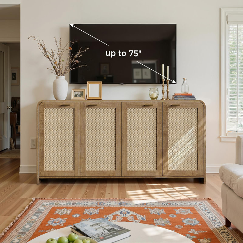 Buffet en rotin de 170 cm de large avec rangement, style bohème, à 4 portes, grand buffet-crédence pour salon, cuisine et entrée.
