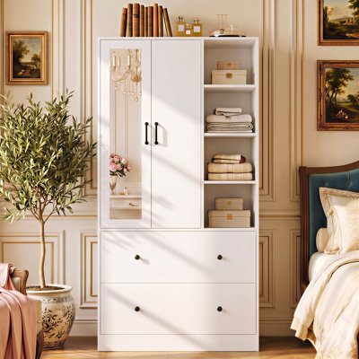 35.5" Wide Wardrobe Armoire with Full-Length Mirror, 2 Drawers, 5 Shelves and Hanging Rod for Bedroom Storage