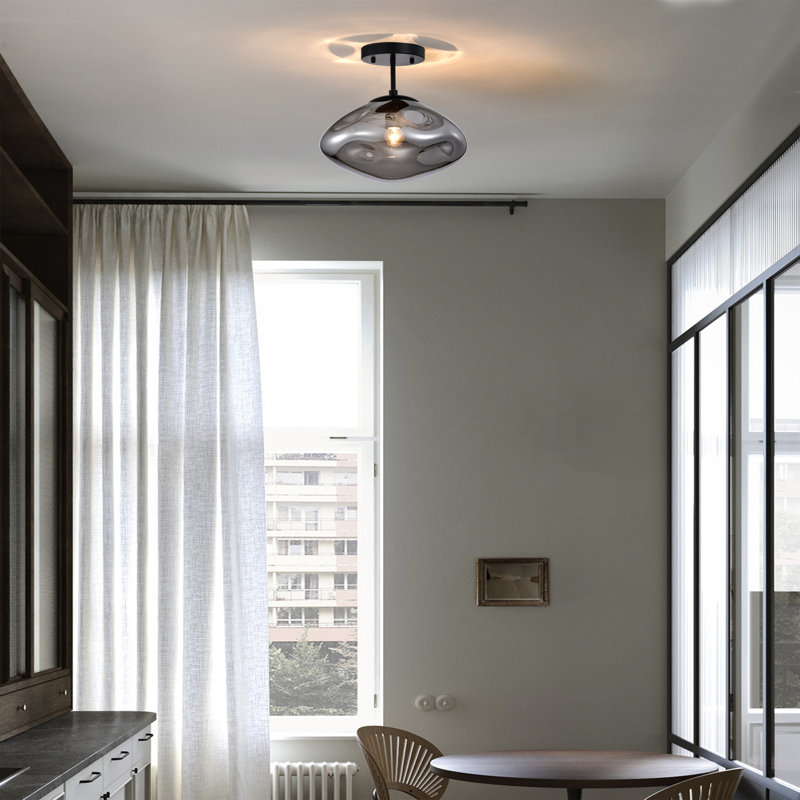 Einar Moulded Glass Shade Semi-Flushmount Ceiling Lamp, Matte Black, Smoke