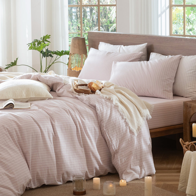 MooMee Striped Duvet Cover Set 100% Washed Cotton Linen Like Textured, Full Duvet Cover + 2 Standard Pillowcases