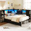 Twin Size Corner Bed Frame With Storage Drawers & Bookcase, Daybed With Charging Station & Led Lights, Black-1736100050-1736100048