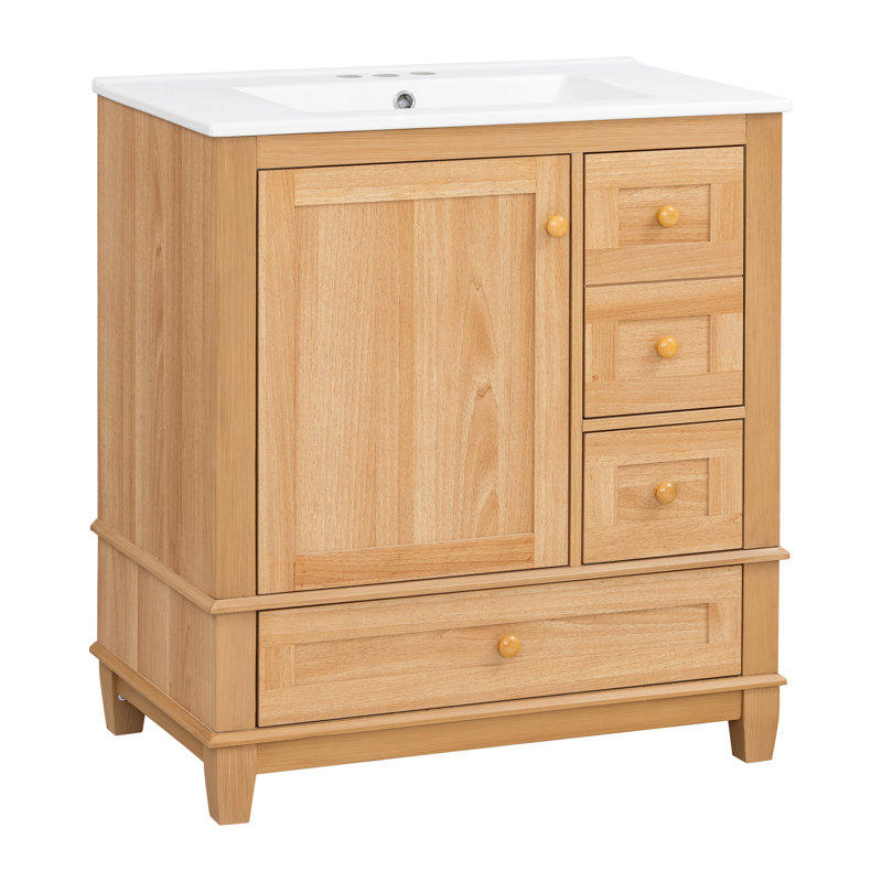 Meuble-lavabo de salle de bain avec lavabo en céramique, armoire de salle de bain autoportante avec grain de bois naturel, pieds en bois d'hévéa massif, portes et tiroirs à fermeture en douceur, grand espace de rangement