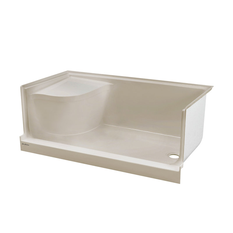 Aquatique 60" x 32" Single Threshold Shower Base With Right Hand Drain and Integral Left Hand Seat , Right, Biscuit