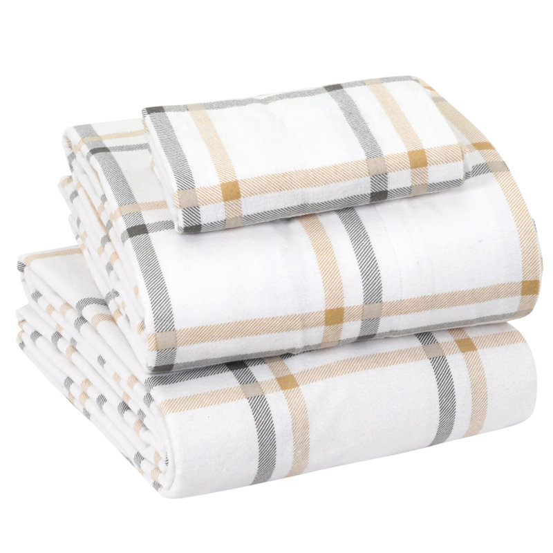 Colyt 100% Cotton Flannel Sheet Set, Twin XL Case Pack + Fitted Sheet + 2 Pillowcases, Ecru Checks