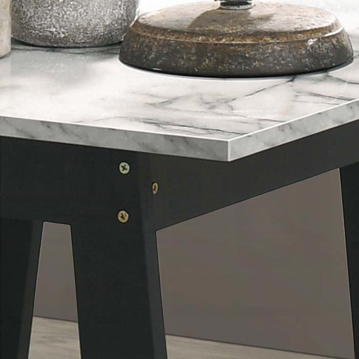 Table de bout noire avec plateau en faux marbre et patins pour meubles