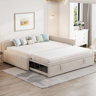 Full Size Upholstered L-Shaped Upholstered Daybed with Twin,Grey Size Pop Up Trundle