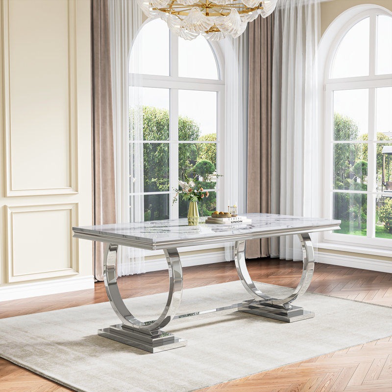 Metal Base Dining Table, White, Silver