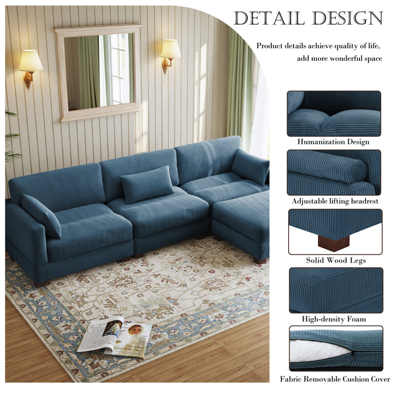 4 Seater Corduroy Corner Sofa , Navy Corduroy