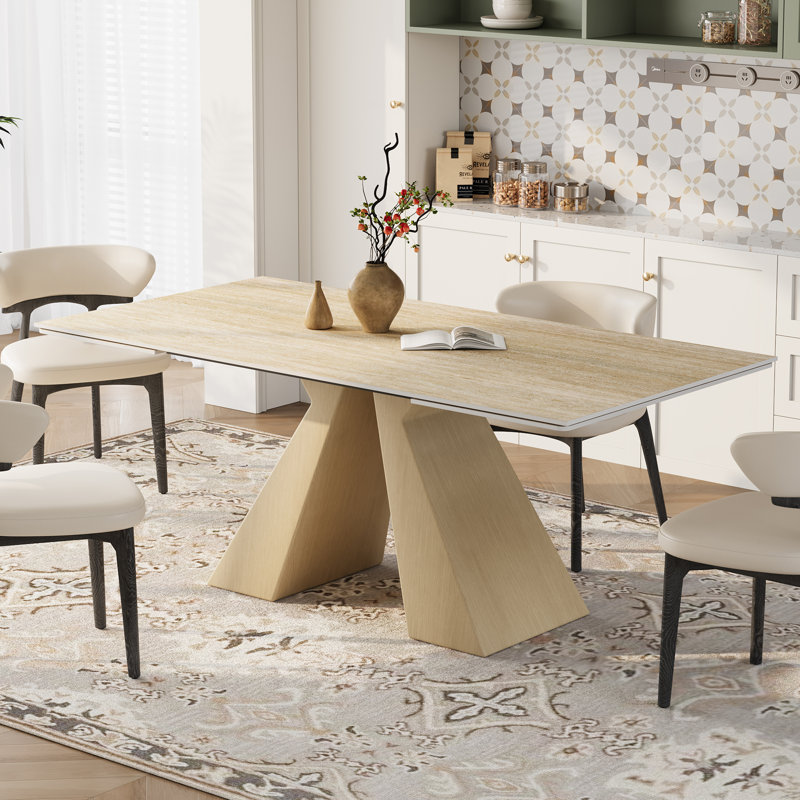 Lethia 63 to 94" Extendable Sintered Stone Dining Table for 4-10, Table top with Black Carbon Pedestal, Beige, Beige