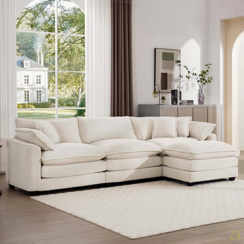 Canapé modulaire 3 places à assise profonde avec repose-pieds, meubles rembourrés confortables pour le salon, canapé en velours