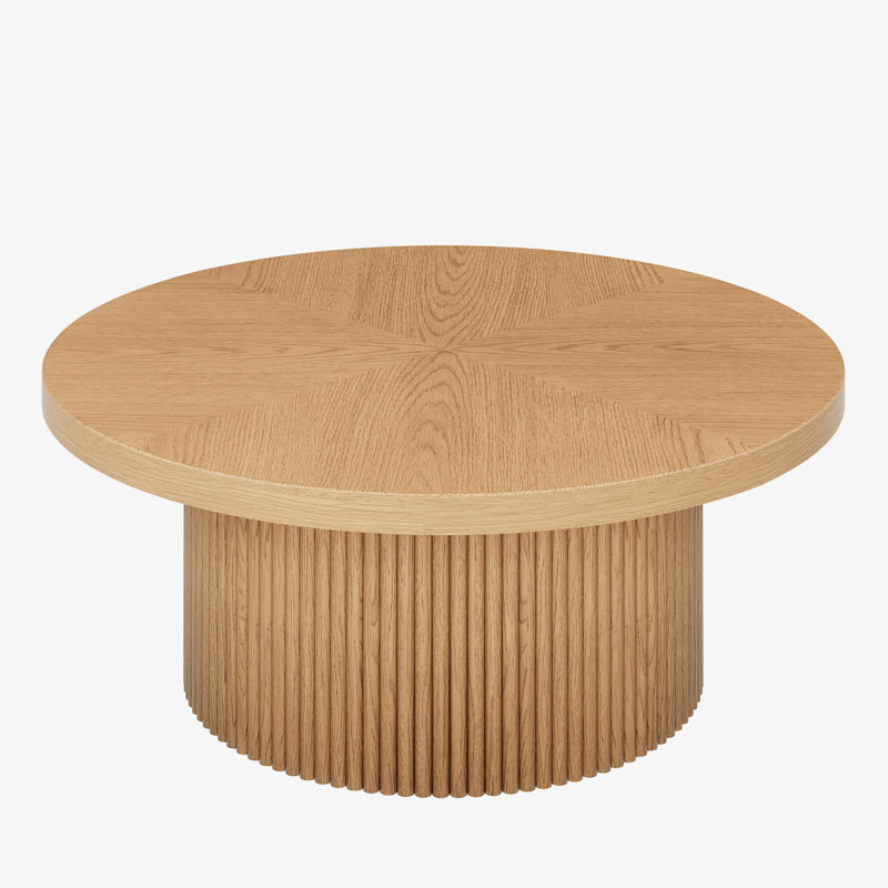 Table basse 36,2 "ronde cannelée en bois massif avec base cylindrique, table d'appoint moderne fabriquée à la main, Chêne