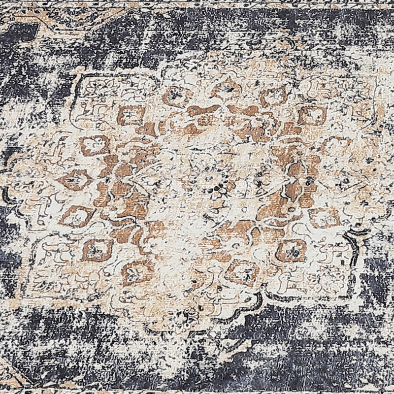 4'x6' Vintage Medallion Washable Area Rug, Non-Slip Thin Low Pile Carpet for Dining Room, Black, Rectangle 4' x 6'