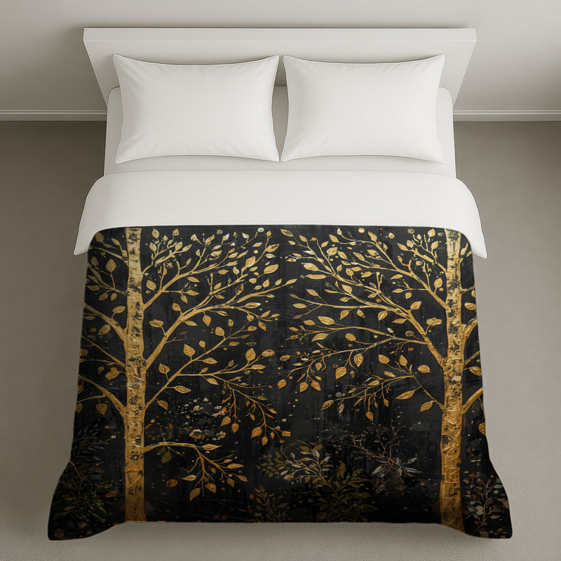 Arbres dorés sur housses de couette noires, Lit simple
