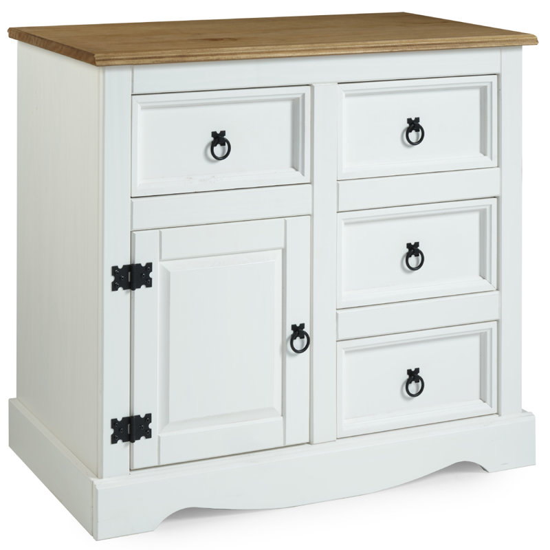 Buffet en bois massif Piumafua 34,02 po, Blanc délavé