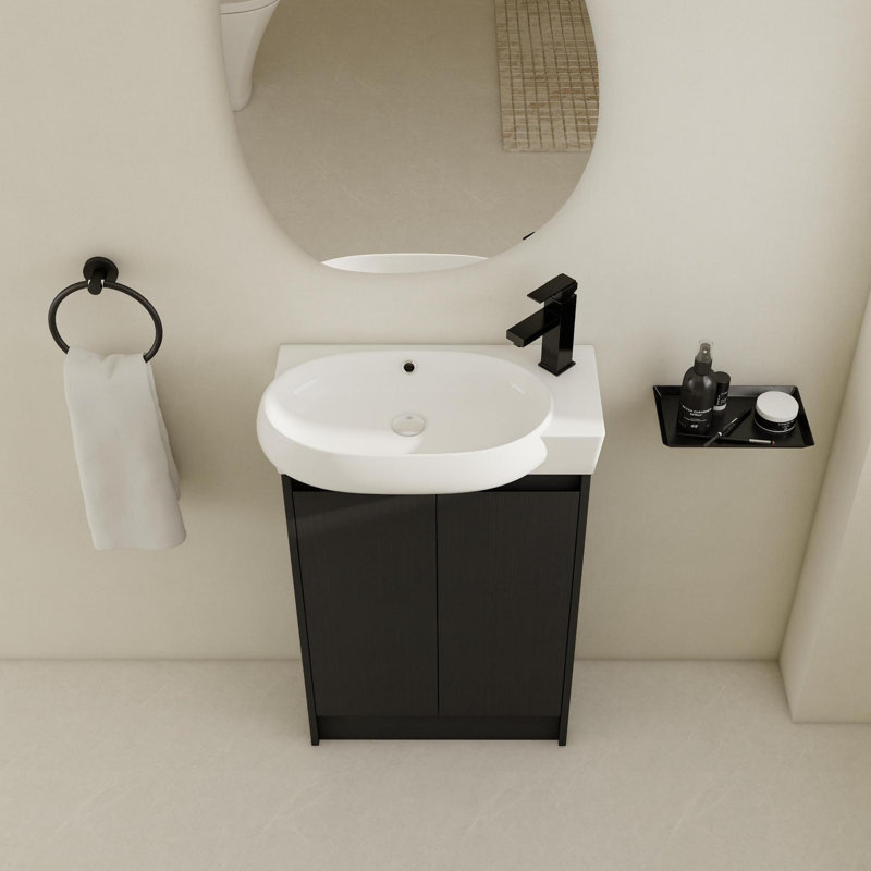 Meuble-lavabo autoportant avec lavabo, portes à fermeture douce, Noir châtaignier