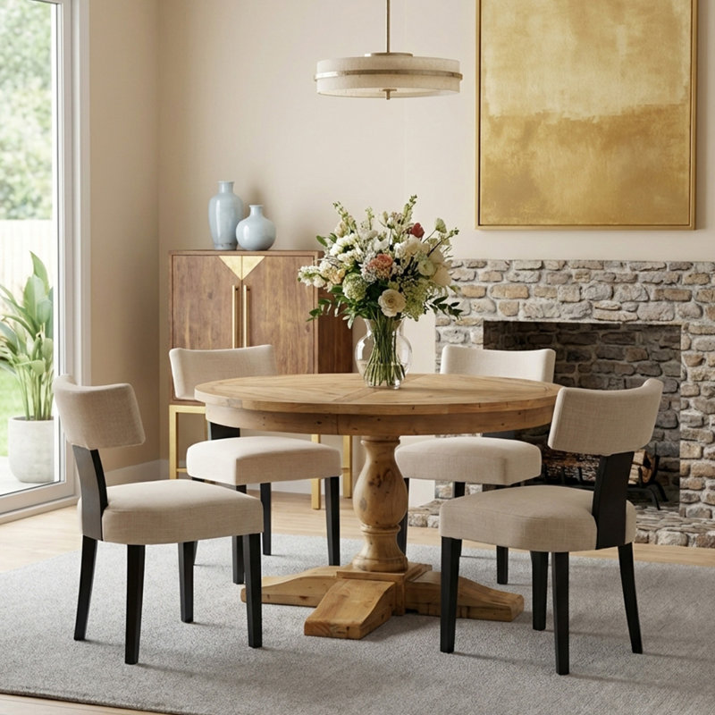 5-Piece Dining Set Mid-Century Modern Wooden Table & Upholstered Chair Set For Home, Kitchen, Dining Room, Natural