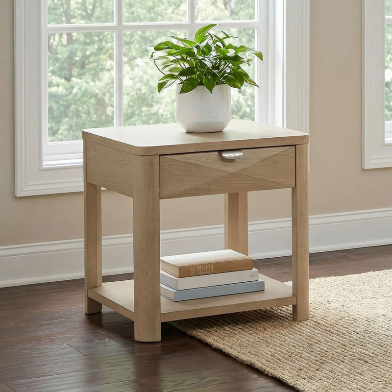 Table de bout en bois avec tiroir et tablette en orme clair Marcelo, Jaune