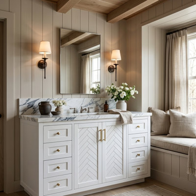 48" Freestanding Bathroom Vanity Base Only with 6 Drawers and 2 Soft-Close Doors, Farmhouse Herringbone Cabinet without Sink