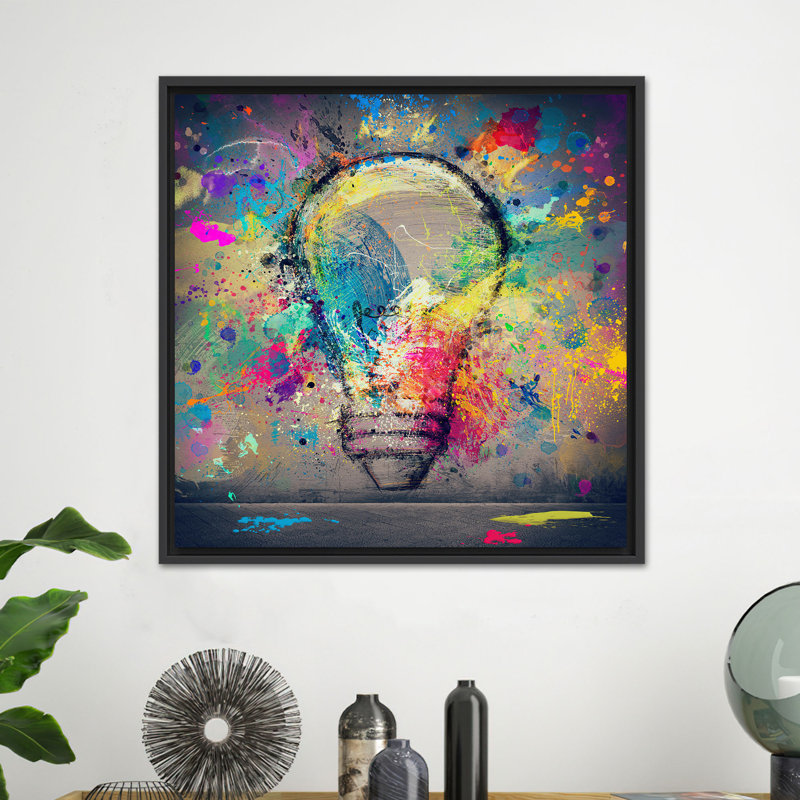 Ampoule, reproduction d'art sur toile, innovation colorée, toile noire encadrée 1P, H: 23,7 po x l: 23,7 po