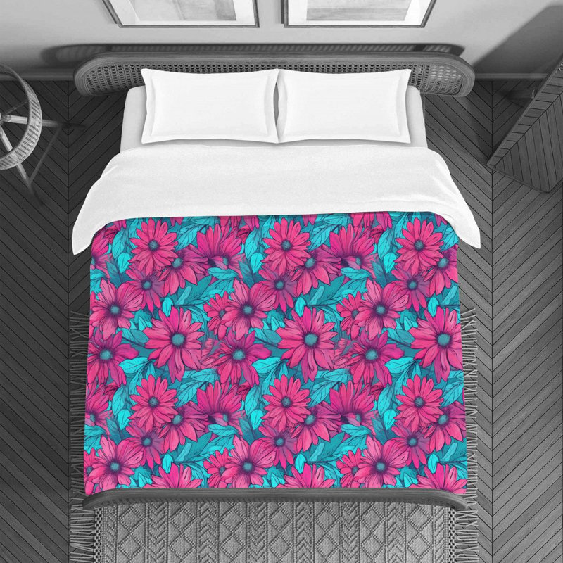 Housse de couette , Housse de couette pour lit simple, Floral vert / rose