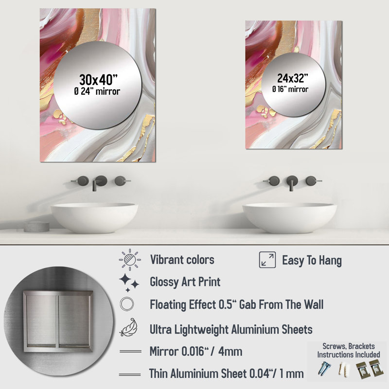 Ziar Pink And Gold Marble Abstract IV - Marble Large Mirror, Pink Decorative Wall Mirror, Printed Metal Art, 40" x 30"
