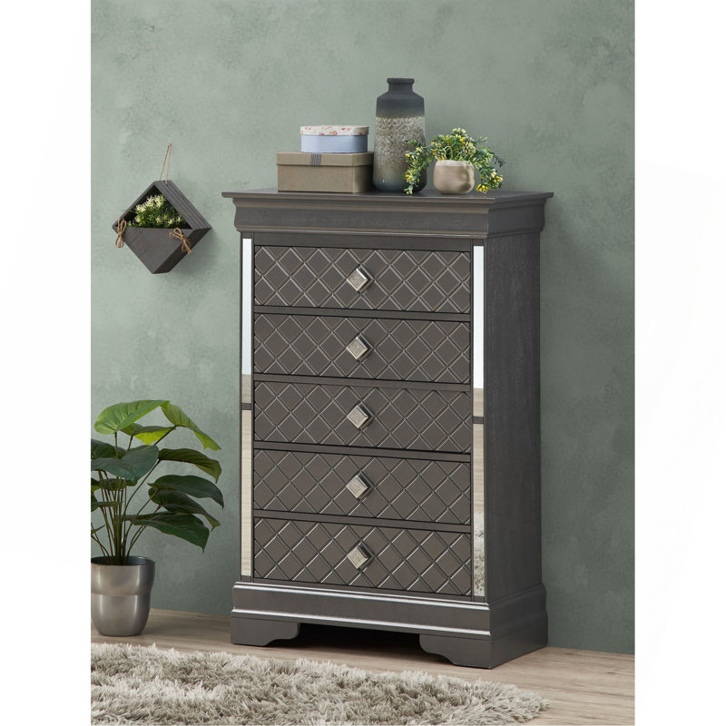 Commode verticale à 5 tiroirs avec façade texturée et poignées décoratives, Gris foncé