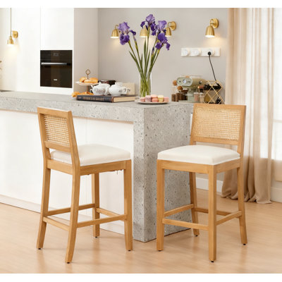 Tabouret de bar en bois massif à dossier en rotin, coussin en lin mat avec mousse à haute résilience et ressorts en S, idéal pour un îlot de cuisine de style rustique / naturel, ensemble de 2 tables basses pour la salle à manger et le café, beige