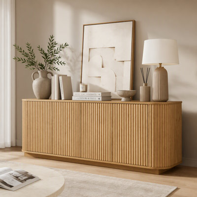 Meuble télé avec buffet à motif ondulé et armoire à rayures verticales en bois pour cuisine / chambre à coucher / vestibule. Naturel, l 64 po x P 15 po x H 24 po.