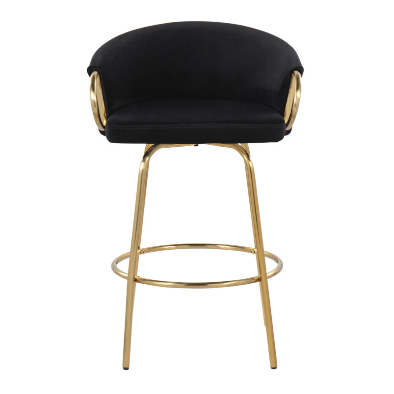 Josie 26" Fixed-Height Velvet Counter Stools with Gold Metal Legs & Round Footrest, Black